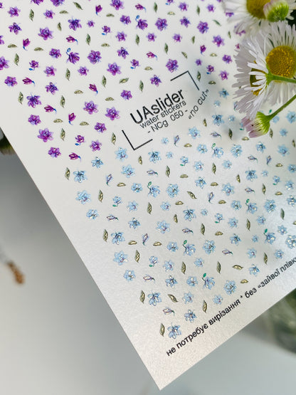 Nálepka na nehty NCg-050 | Vodní nálepky na nehty | Fialové a modré mini divoké květiny