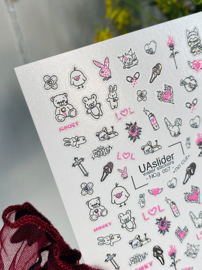 Nail Water Decal NCg-057 | Nail Water Decals Cartoon Emo Style | Bears, Hearts and Cute Icons