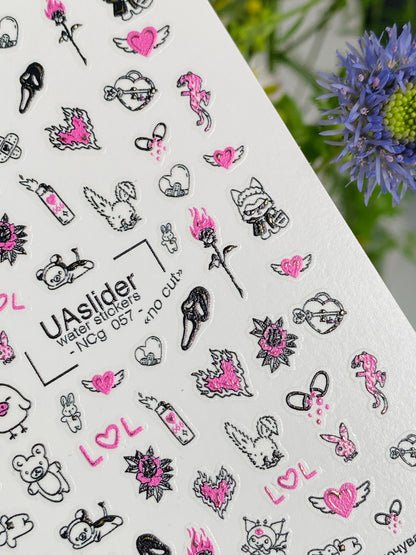 Nail Water Decal NCg-057 | Nail Water Decals Cartoon Emo Style | Bears, Hearts and Cute Icons