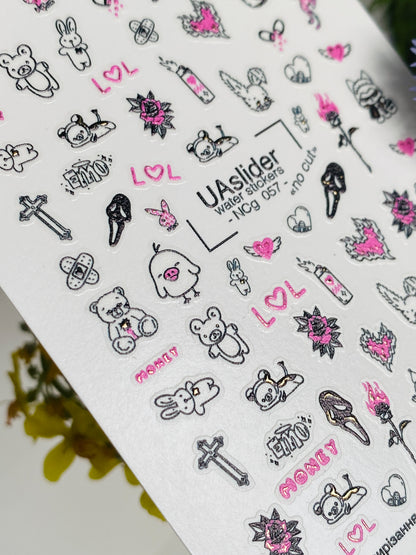 Nail Water Decal NCg-057 | Nail Water Decals Cartoon Emo Style | Bears, Hearts and Cute Icons