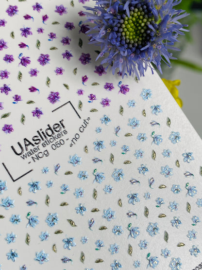 Nálepka na nehty NCg-050 | Vodní nálepky na nehty | Fialové a modré mini divoké květiny