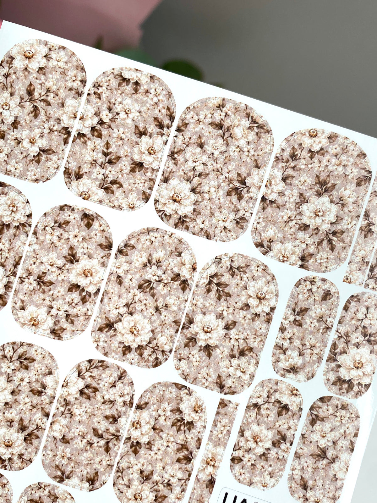 Ivory Blossom Manicure Wraps — Taupe Floral Pattern | mw-071