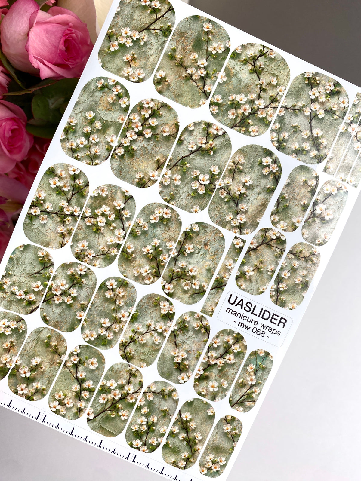 White Blossom Manicure Wraps — Sage Branch Pattern | mw-068