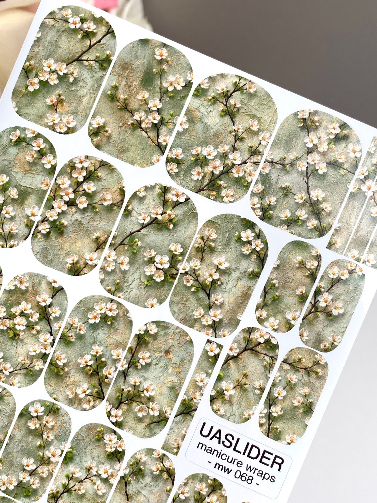 White Blossom Manicure Wraps — Sage Branch Pattern | mw-068