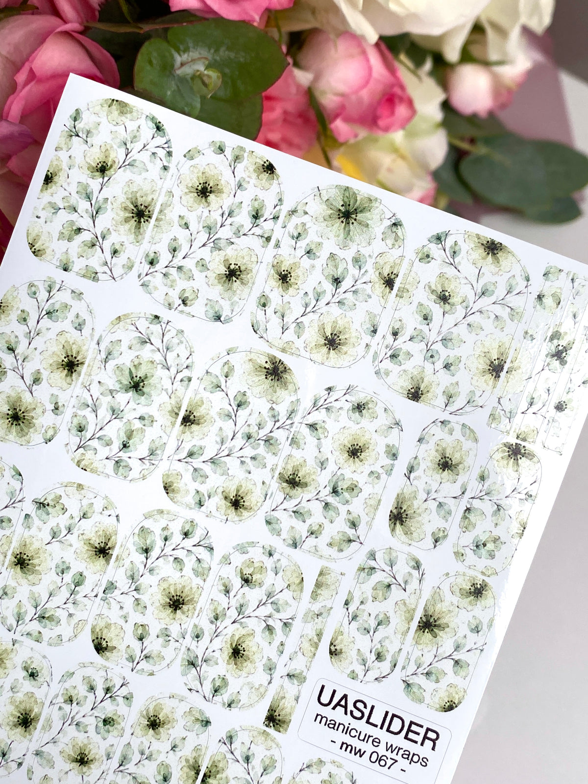 Watercolor Floral Manicure Wraps — Soft Green Flowers | mw-067