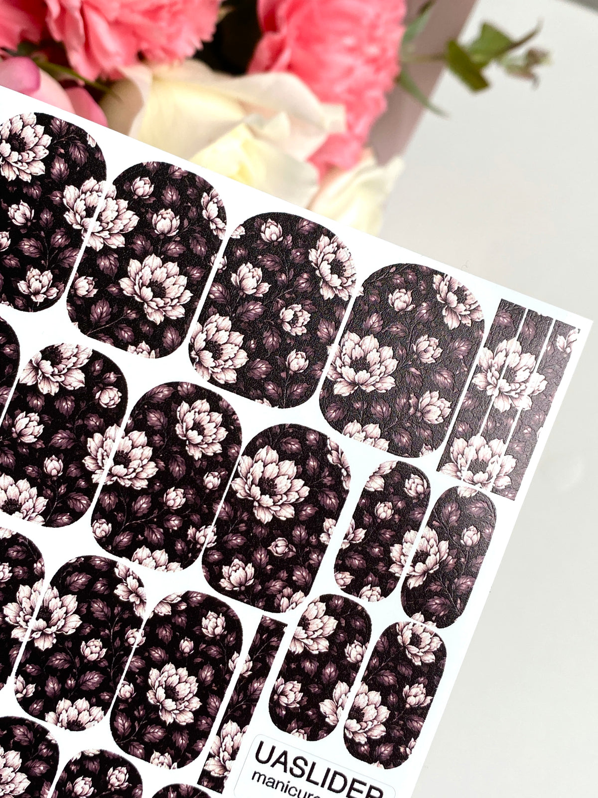 Dark Peony Manicure Nail Wraps — Blush Floral Pattern | mw-057