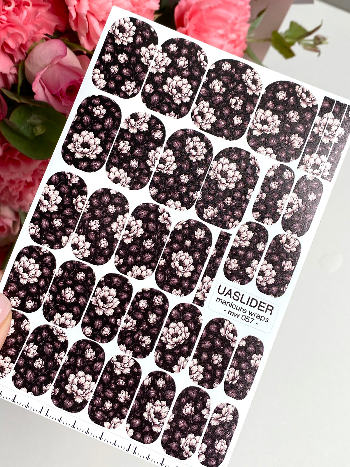 Dark Peony Manicure Nail Wraps — Blush Floral Pattern | mw-057