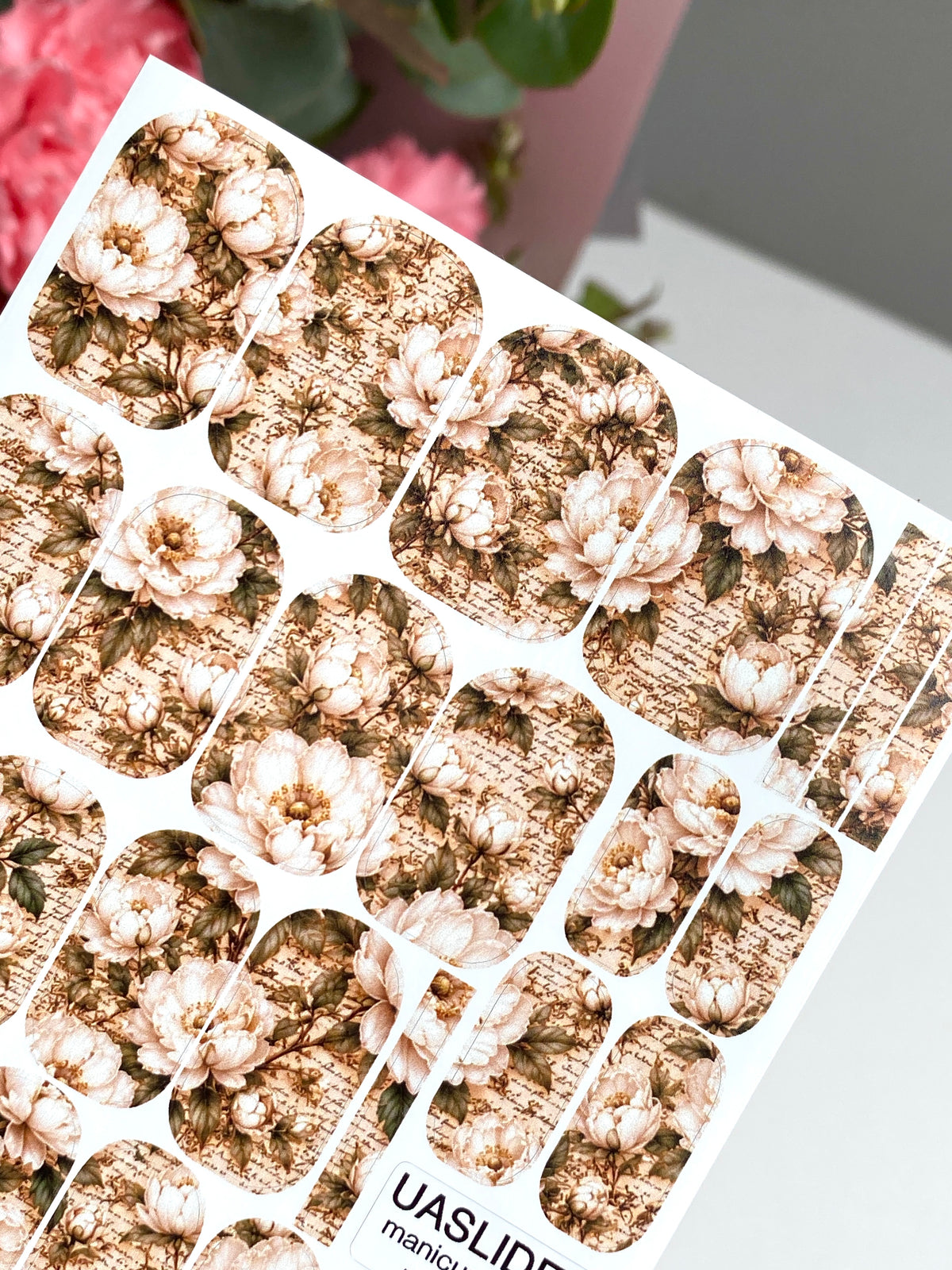 Vintage Peony Manicure Wraps — Beige Script Floral | mw-060