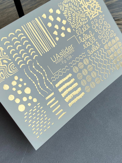 Adesivo per unghie Fg-138 | Adesivi per unghie a trasferimento ad acqua con linee astratte dorate e puntini | Nail art minimalista