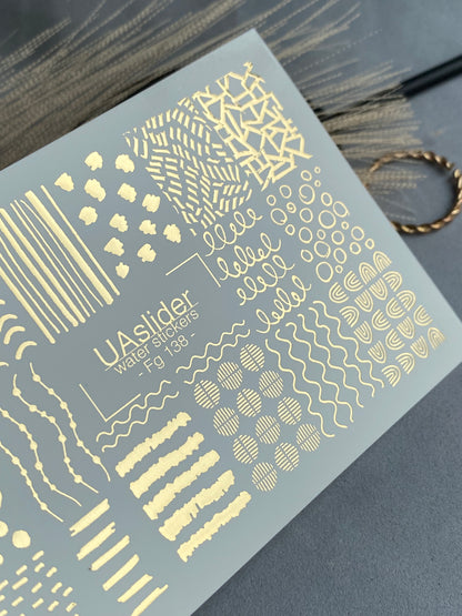 Adesivo per unghie Fg-138 | Adesivi per unghie a trasferimento ad acqua con linee astratte dorate e puntini | Nail art minimalista