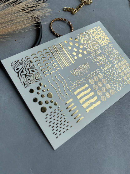 Adesivo per unghie Fg-138 | Adesivi per unghie a trasferimento ad acqua con linee astratte dorate e puntini | Nail art minimalista