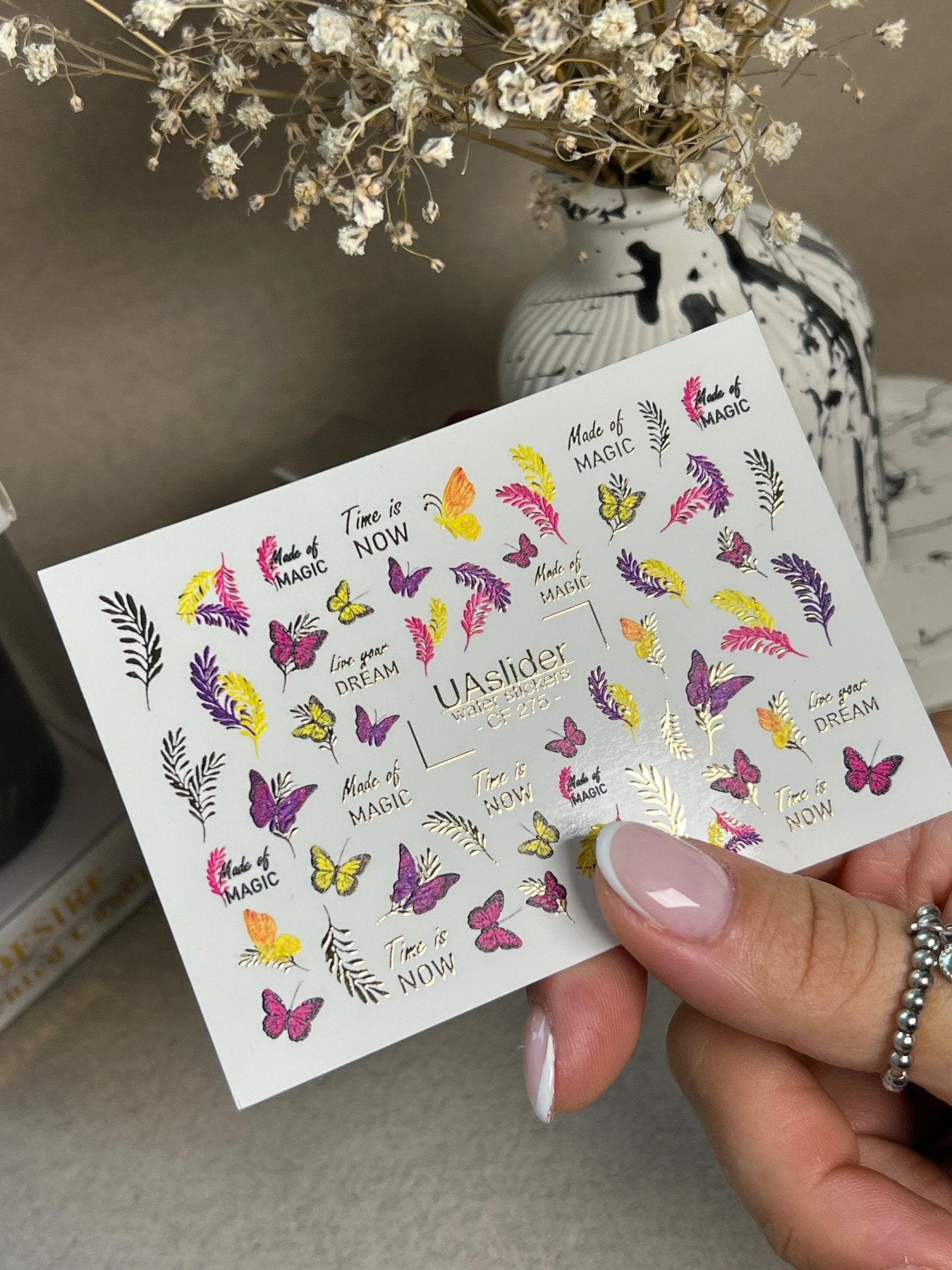 Nail Water Decal CF-275 | Butterfly Water Slide Nail Decals | Colorful Butterflies, Leaves & Magic Quotes - UASLIDER