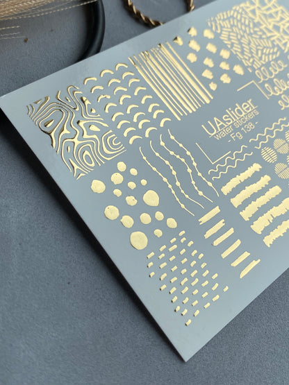 Adesivo per unghie Fg-138 | Adesivi per unghie a trasferimento ad acqua con linee astratte dorate e puntini | Nail art minimalista