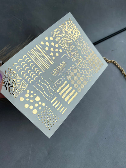 Adesivo per unghie Fg-138 | Adesivi per unghie a trasferimento ad acqua con linee astratte dorate e puntini | Nail art minimalista