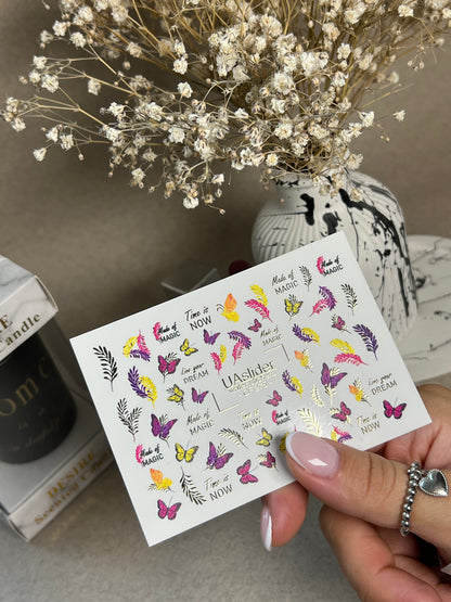 Décalcomanie d'eau pour ongles CF-275 | Décalcomanies d'eau pour ongles papillon | Papillons colorés, feuilles et citations magiques