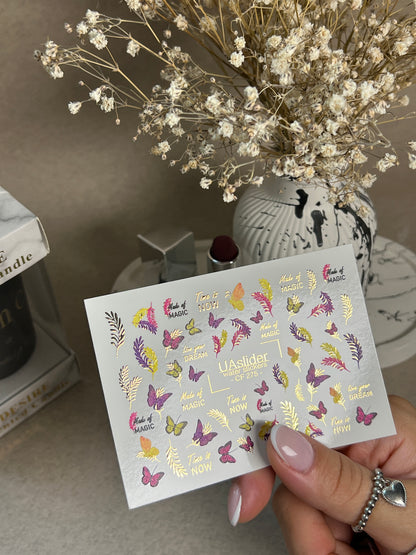 Décalcomanie d'eau pour ongles CF-275 | Décalcomanies d'eau pour ongles papillon | Papillons colorés, feuilles et citations magiques