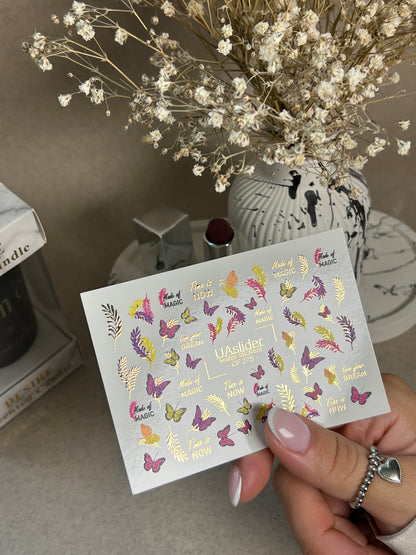 Décalcomanie d'eau pour ongles CF-275 | Décalcomanies d'eau pour ongles papillon | Papillons colorés, feuilles et citations magiques