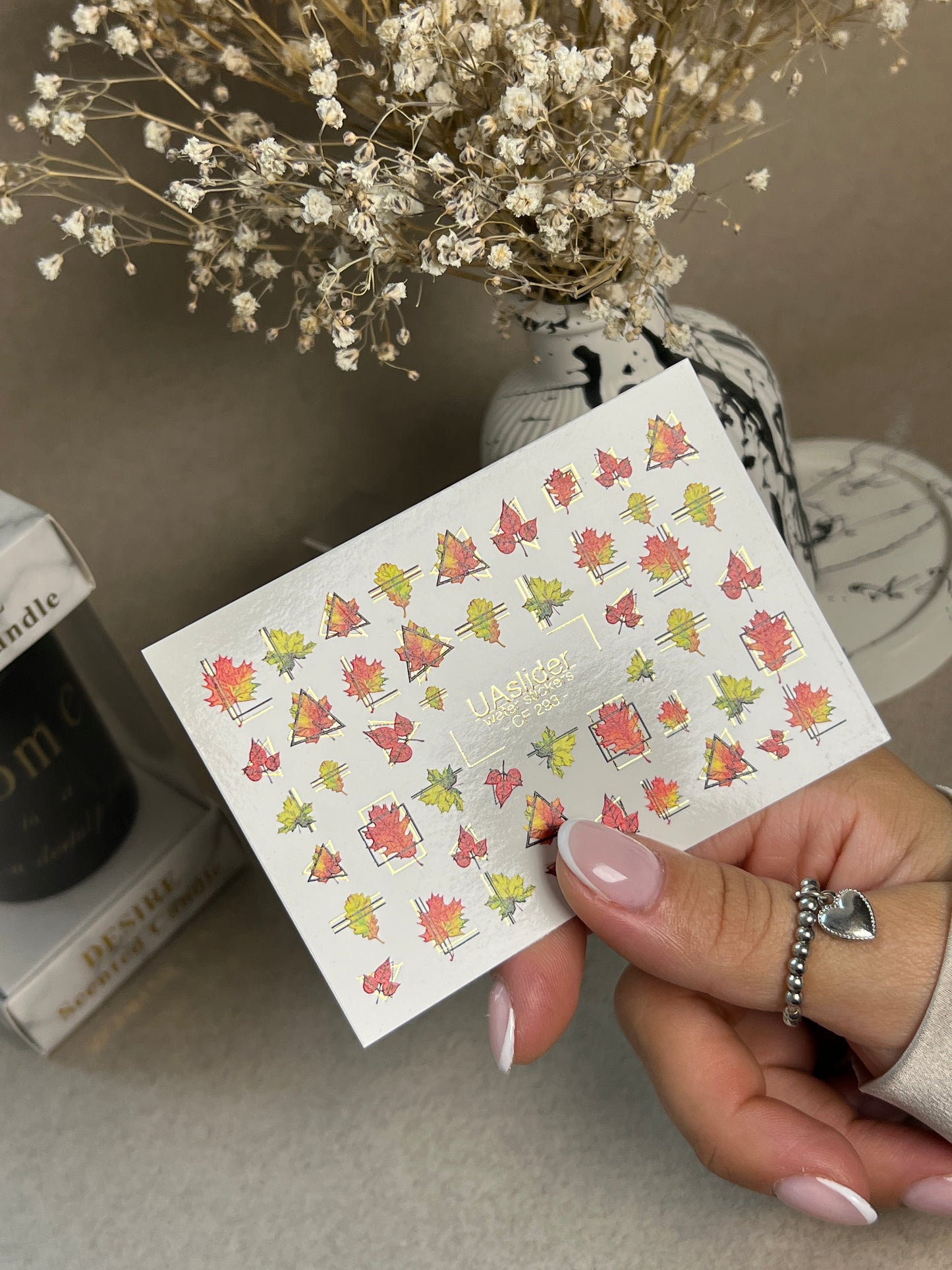 Nail Water Decal CF-293 | Autumn Water Slide Nail Decals | Fall Leaves & Geometric Frames