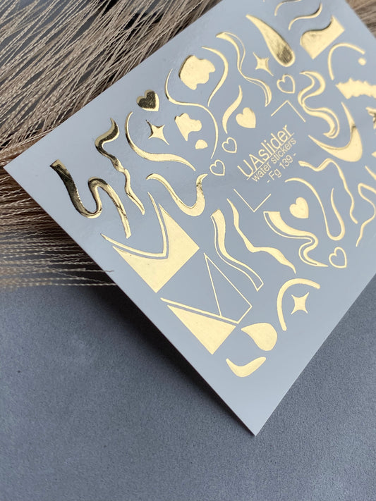 Nail Water Decal Fg-139 | Water Slide Nail Decals with Gold Abstract Waves and Shapes | Artistic Nail Tattoos