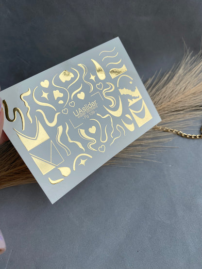 Nail Water Decal Fg-139 | Water Slide Nail Decals with Gold Abstract Waves and Shapes | Artistic Nail Tattoos