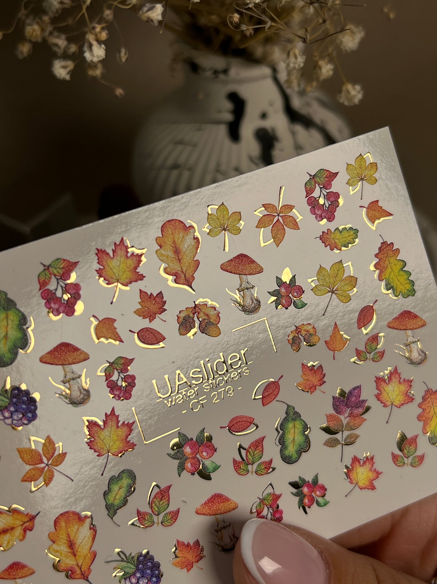 Nail Water Decal CF-279 | Autumn Water Slide Nail Decals | Fall Leaves, Mushrooms & Berries with Gold Accents