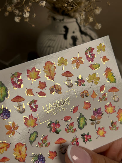 Nail Water Decal CF-279 | Autumn Water Slide Nail Decals | Fall Leaves, Mushrooms & Berries with Gold Accents