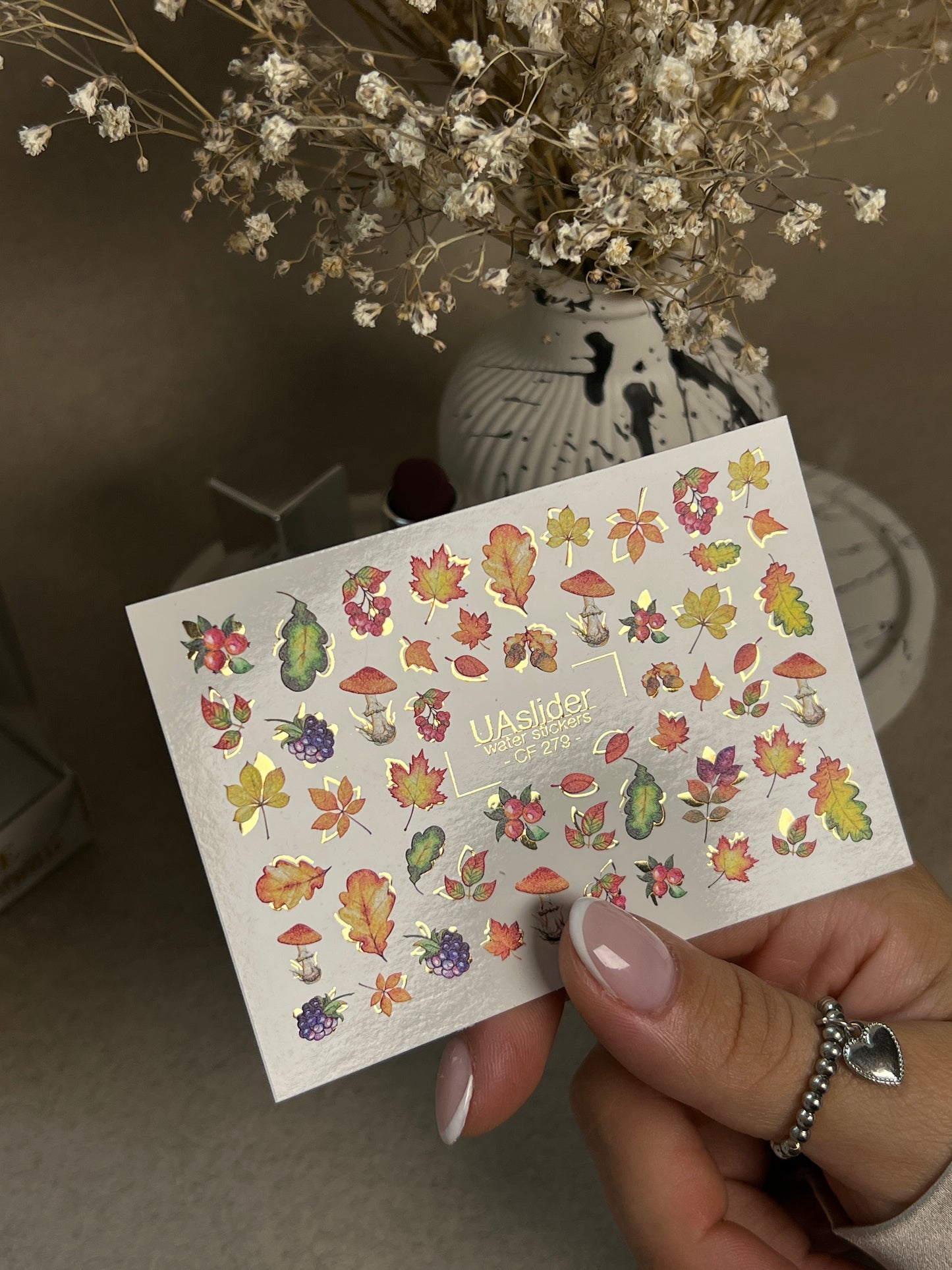 Nail Water Decal CF-279 | Autumn Water Slide Nail Decals | Fall Leaves, Mushrooms & Berries with Gold Accents