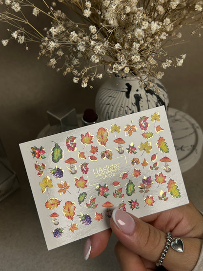 Nail Water Decal CF-279 | Autumn Water Slide Nail Decals | Fall Leaves, Mushrooms & Berries with Gold Accents