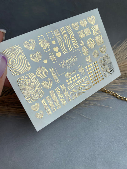 Nail Water Decal Fg-130 | Water Slide Nail Decals with Gold Abstract Patterns | Modern Geometric Nail Art