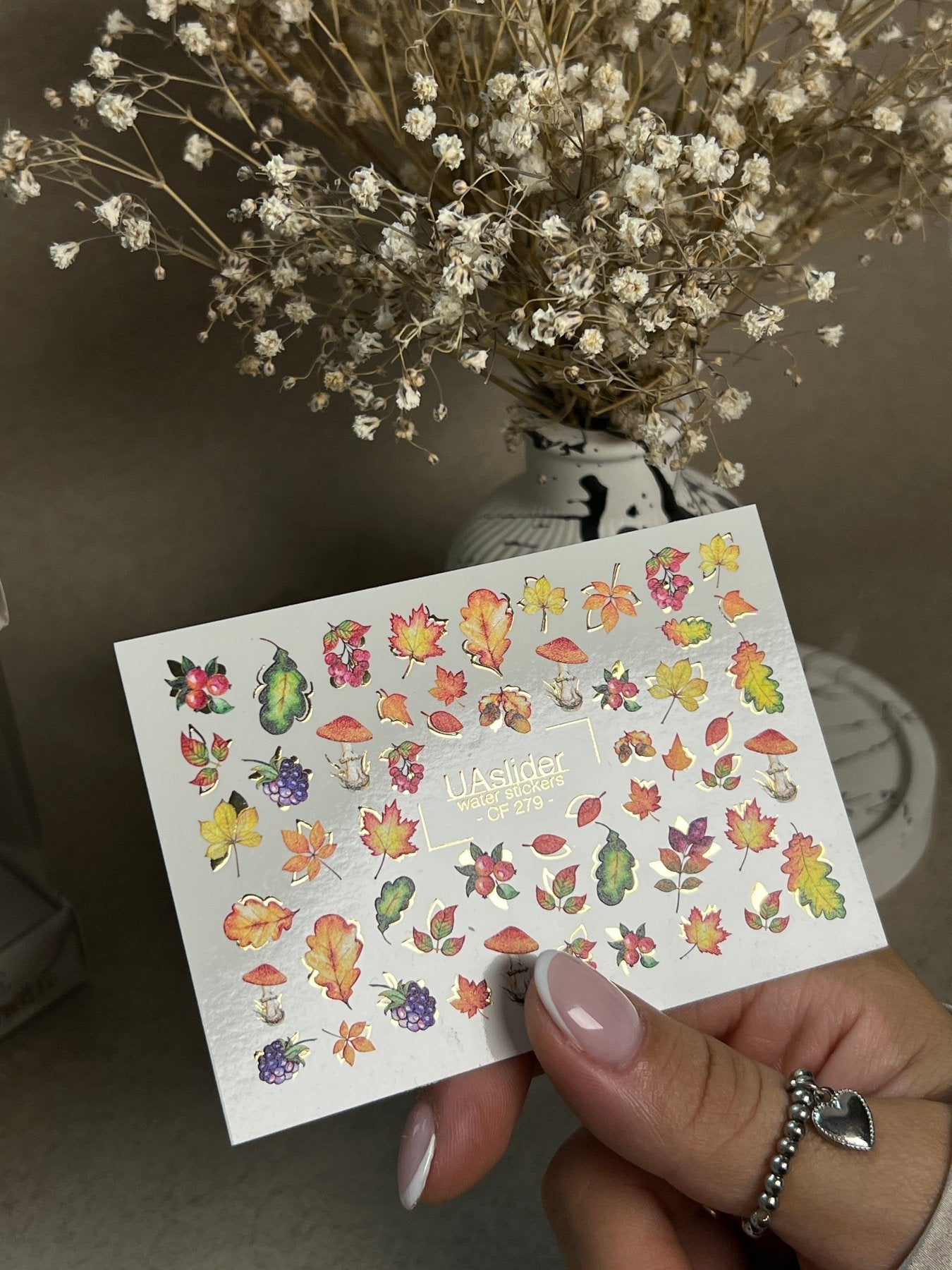 Nail Water Decal CF-279 | Autumn Water Slide Nail Decals | Fall Leaves, Mushrooms & Berries with Gold Accents - UASLIDER