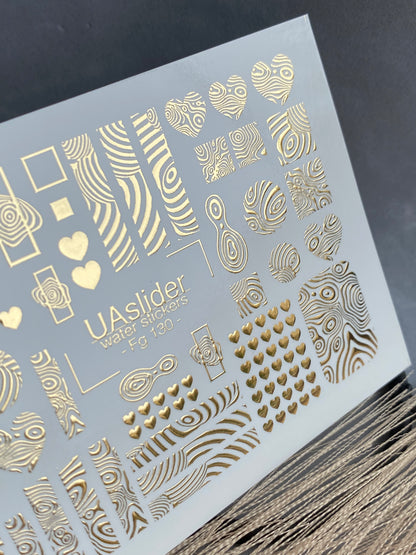 Nail Water Decal Fg-130 | Water Slide Nail Decals with Gold Abstract Patterns | Modern Geometric Nail Art