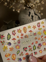 Nail Water Decal CF-279 | Autumn Water Slide Nail Decals | Fall Leaves, Mushrooms & Berries with Gold Accents - UASLIDER