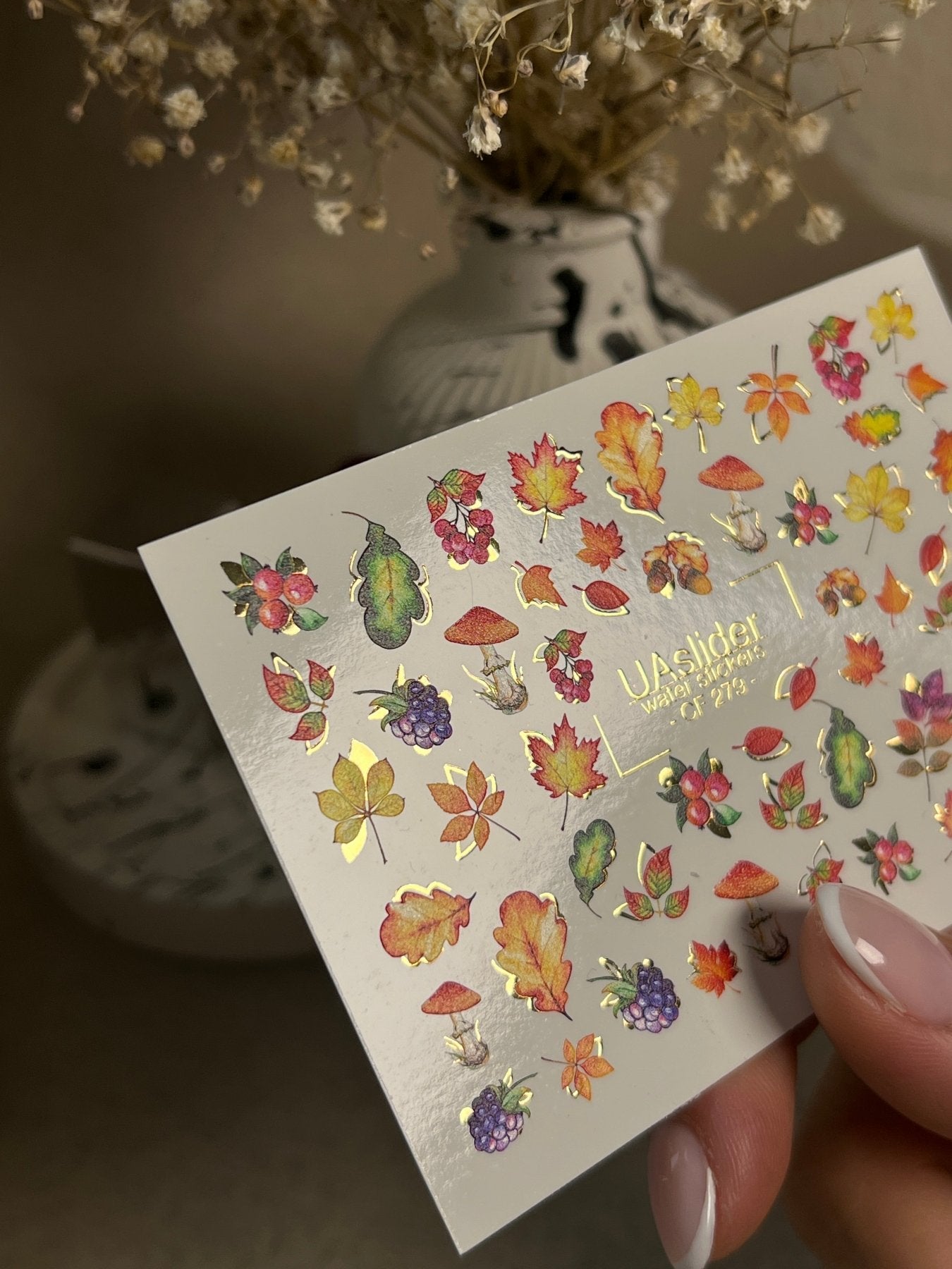 Nail Water Decal CF-279 | Autumn Water Slide Nail Decals | Fall Leaves, Mushrooms & Berries with Gold Accents - UASLIDER