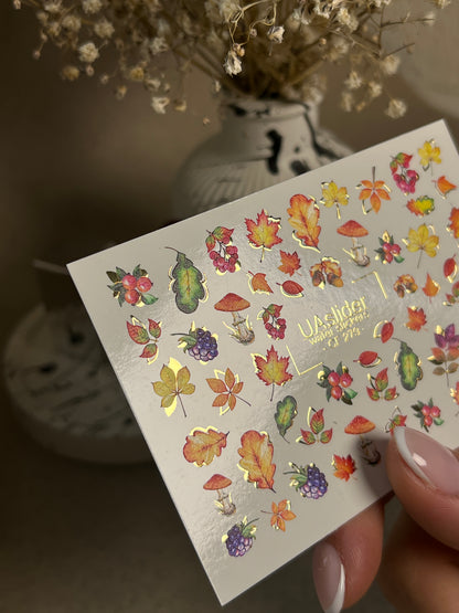 Nail Water Decal CF-279 | Autumn Water Slide Nail Decals | Fall Leaves, Mushrooms & Berries with Gold Accents
