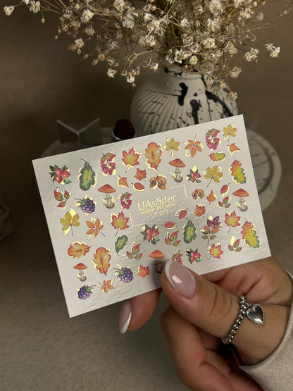 Nail Water Decal CF-279 | Autumn Water Slide Nail Decals | Fall Leaves, Mushrooms & Berries with Gold Accents