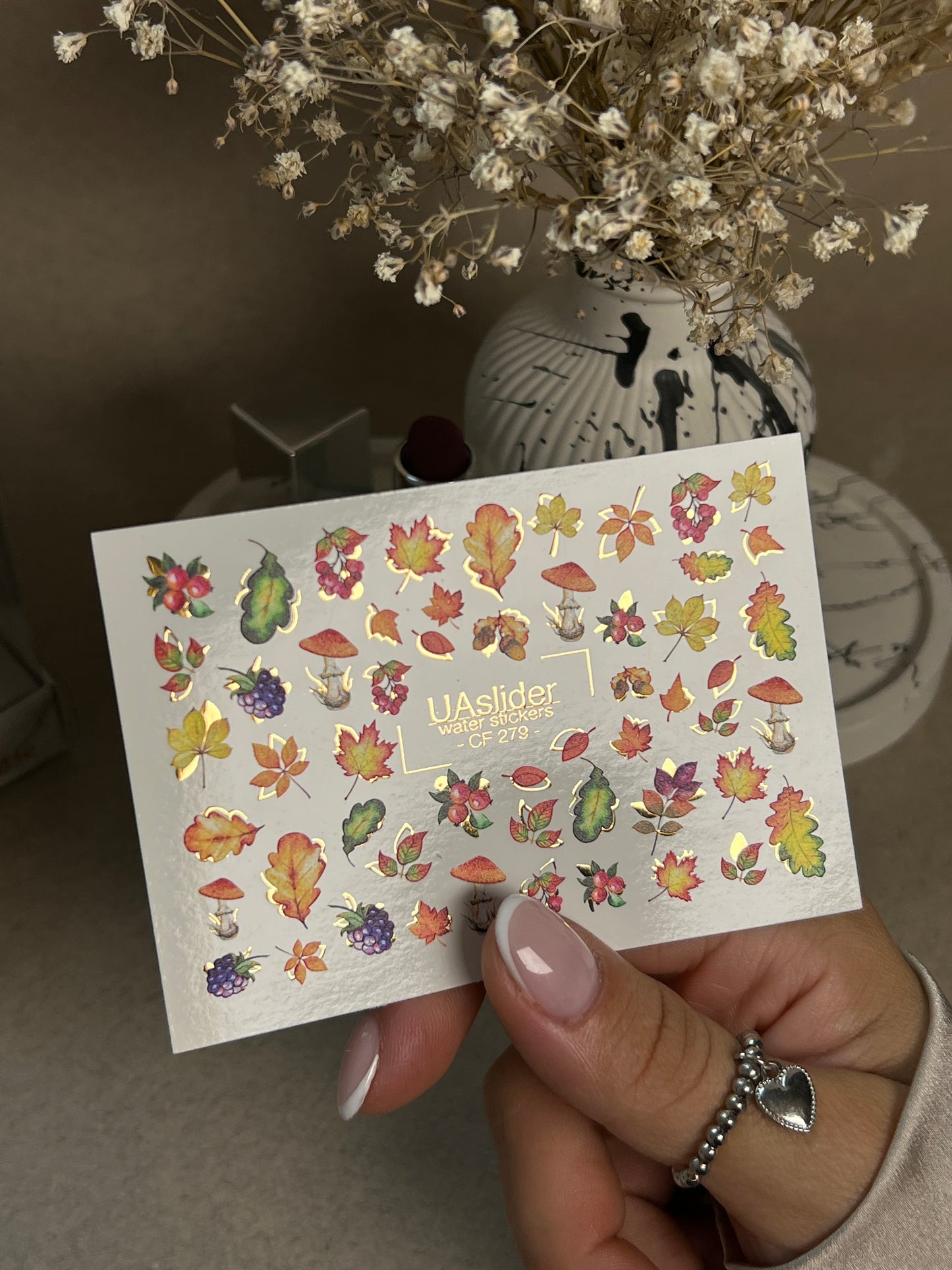 Nail Water Decal CF-279 | Autumn Water Slide Nail Decals | Fall Leaves, Mushrooms & Berries with Gold Accents