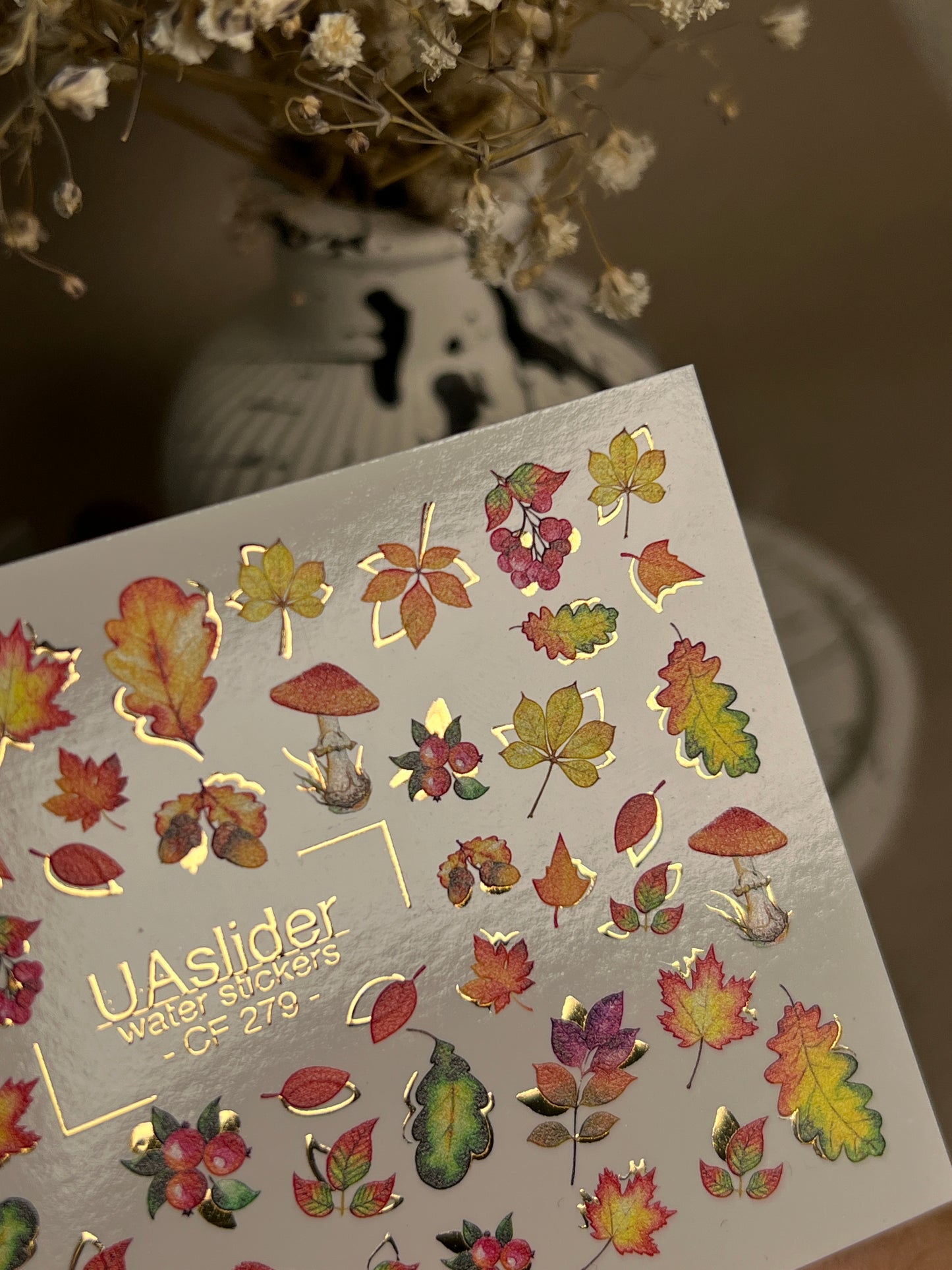 Nail Water Decal CF-279 | Autumn Water Slide Nail Decals | Fall Leaves, Mushrooms & Berries with Gold Accents