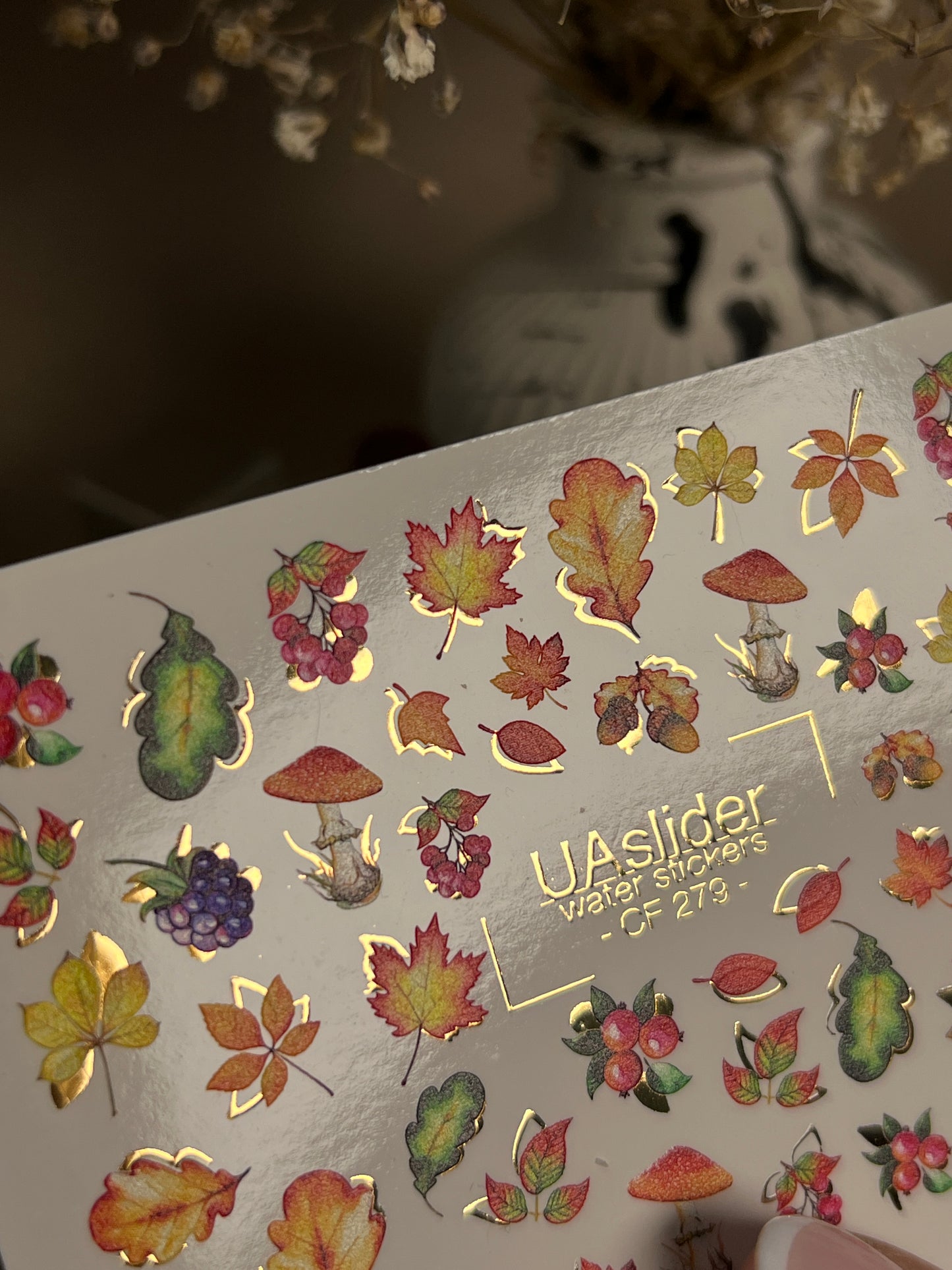 Nail Water Decal CF-279 | Autumn Water Slide Nail Decals | Fall Leaves, Mushrooms & Berries with Gold Accents