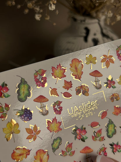 Nail Water Decal CF-279 | Autumn Water Slide Nail Decals | Fall Leaves, Mushrooms & Berries with Gold Accents