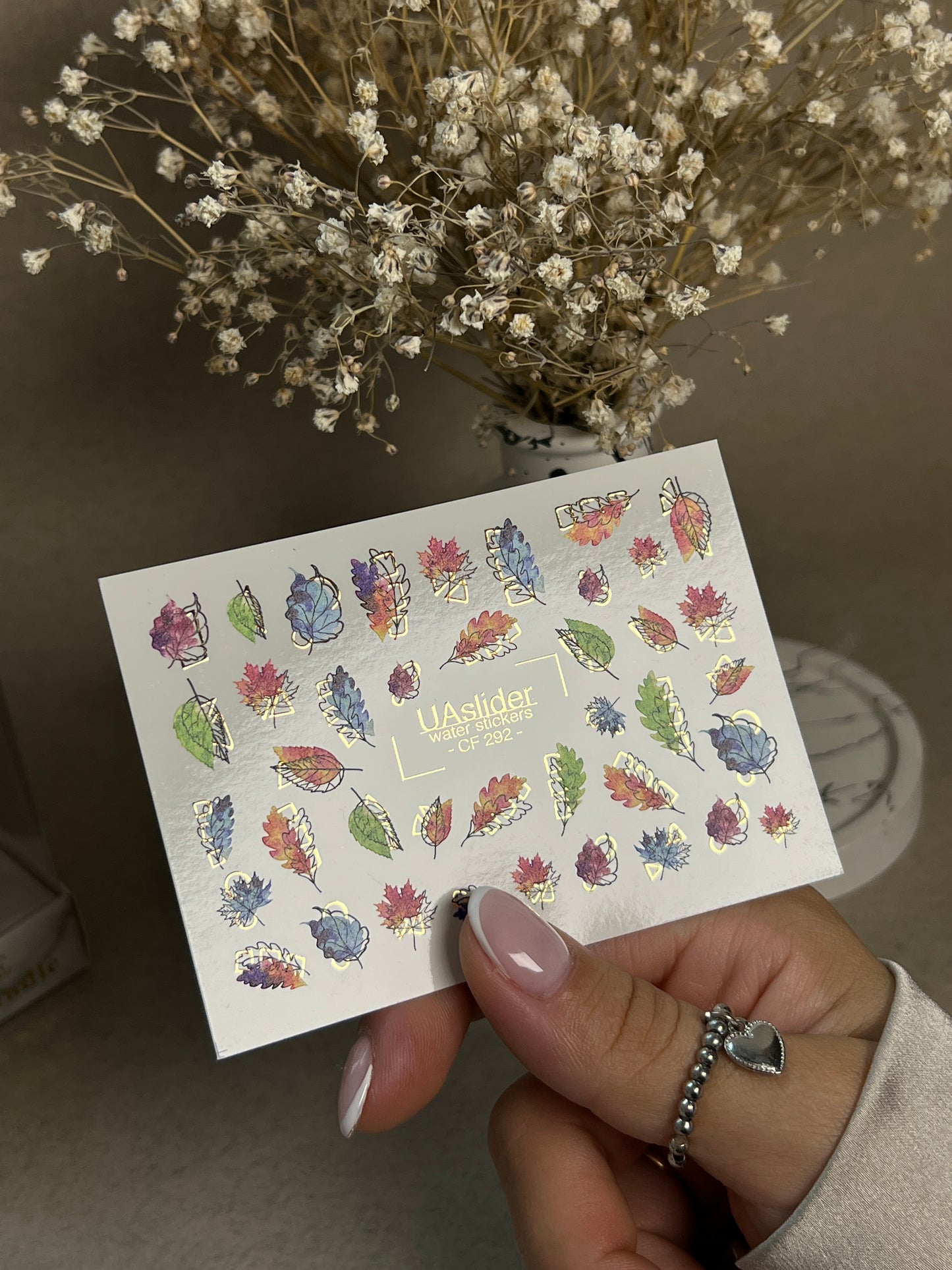 Nail Water Decal CF-292 | Rainbow Autumn Water Slide Nail Decals | Colorful Fall Leaves & Geometric Accents