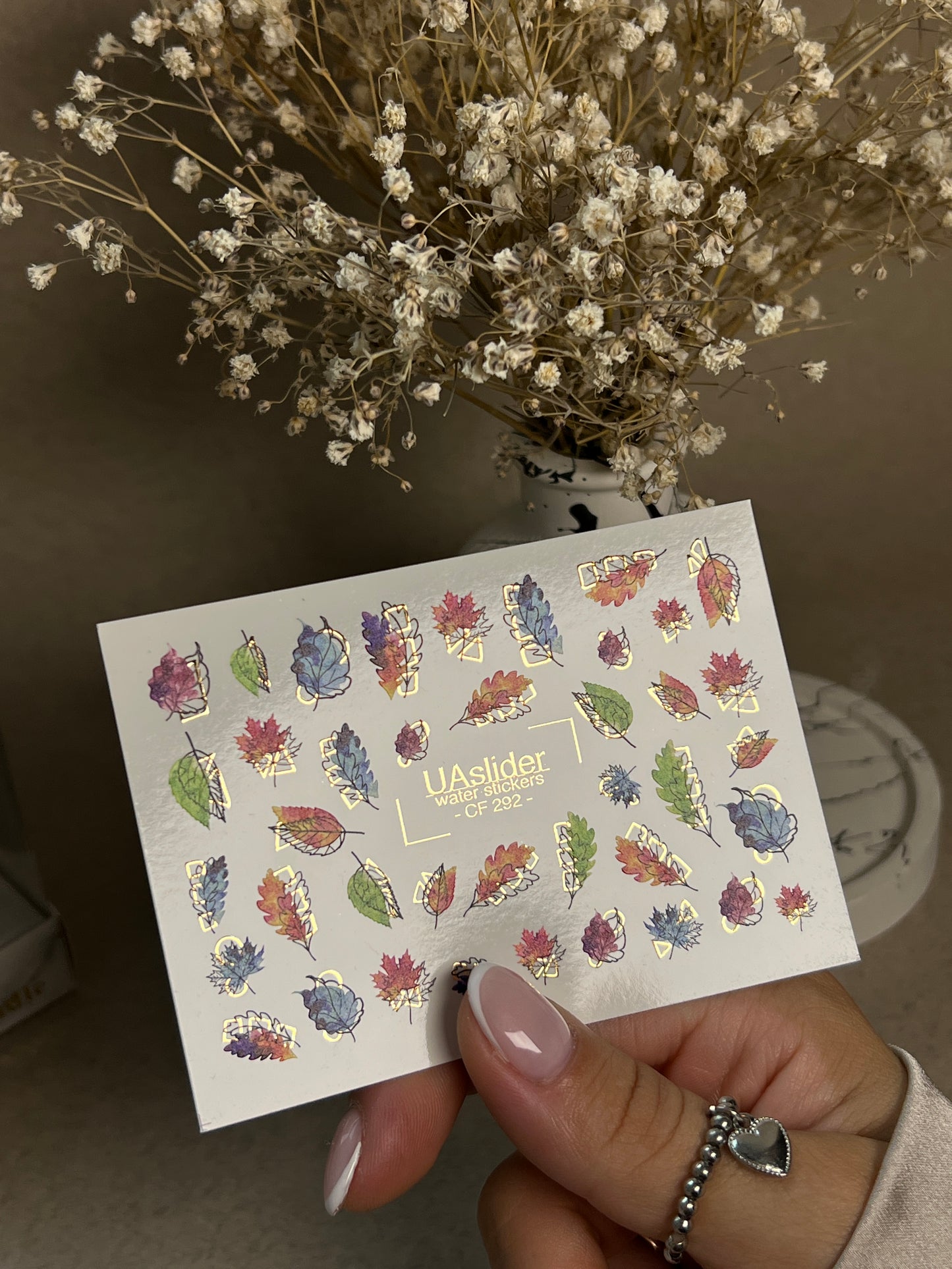 Nail Water Decal CF-292 | Rainbow Autumn Water Slide Nail Decals | Colorful Fall Leaves & Geometric Accents