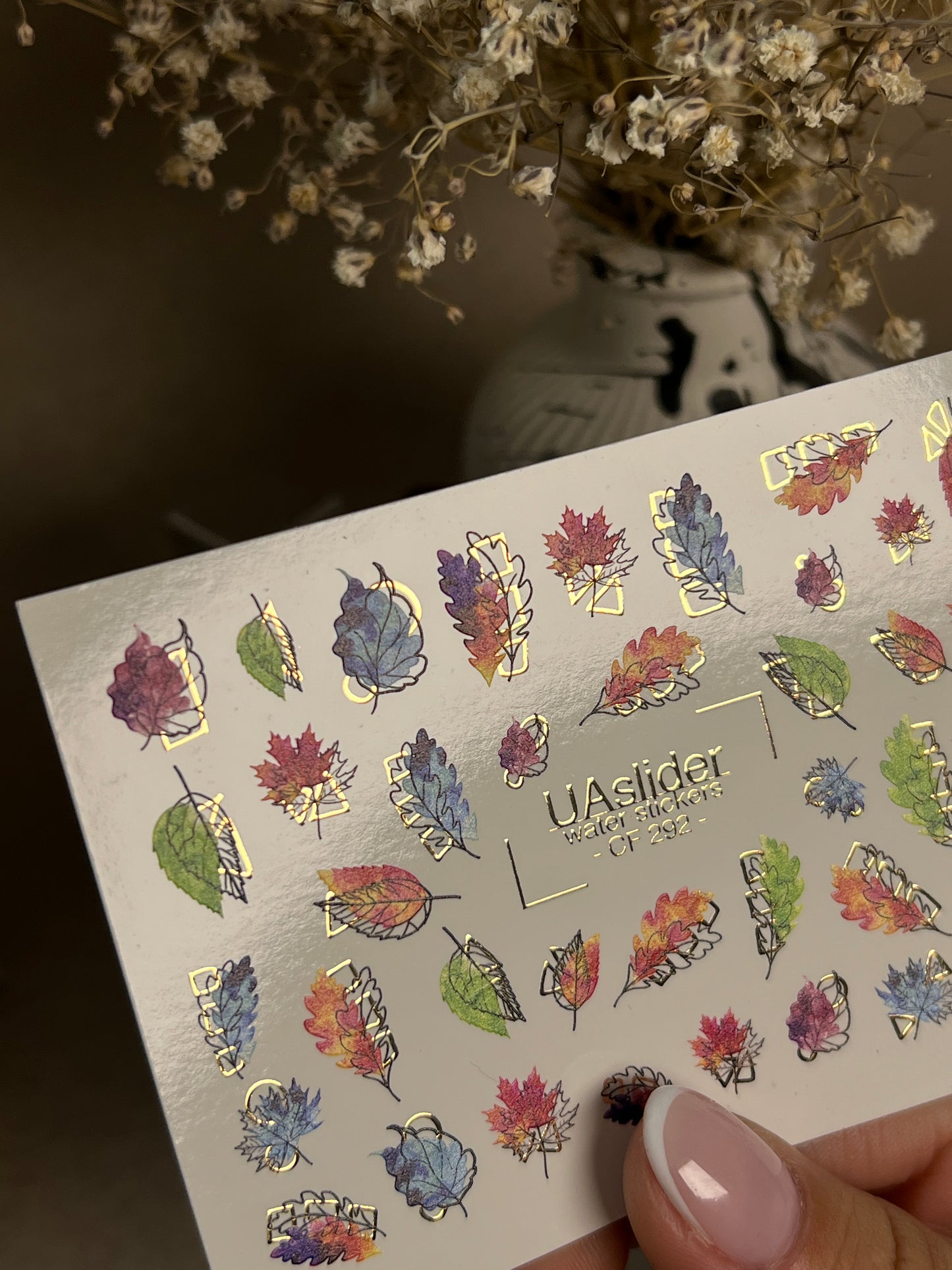 Nail Water Decal CF-292 | Rainbow Autumn Water Slide Nail Decals | Colorful Fall Leaves & Geometric Accents