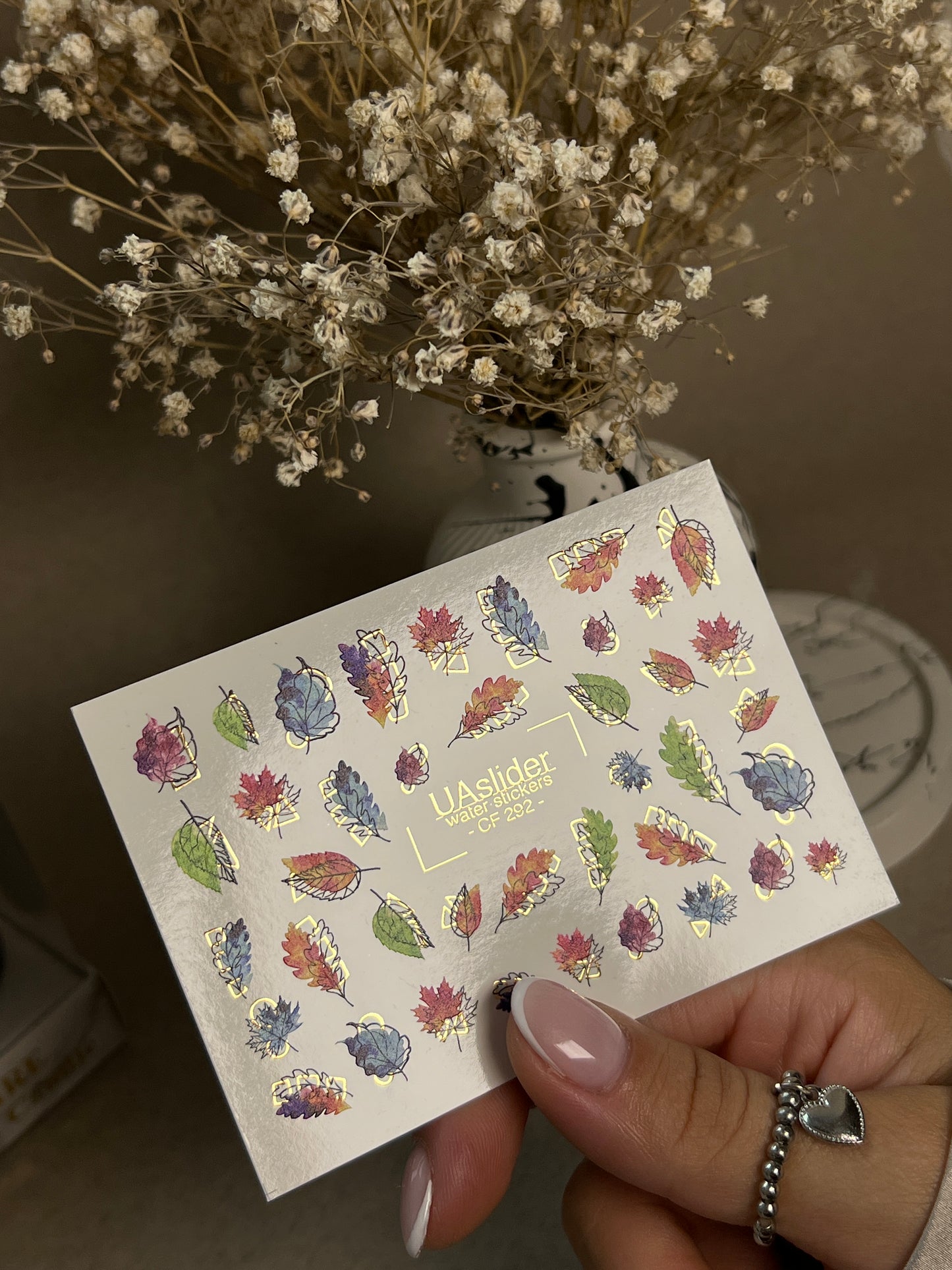 Nail Water Decal CF-292 | Rainbow Autumn Water Slide Nail Decals | Colorful Fall Leaves & Geometric Accents