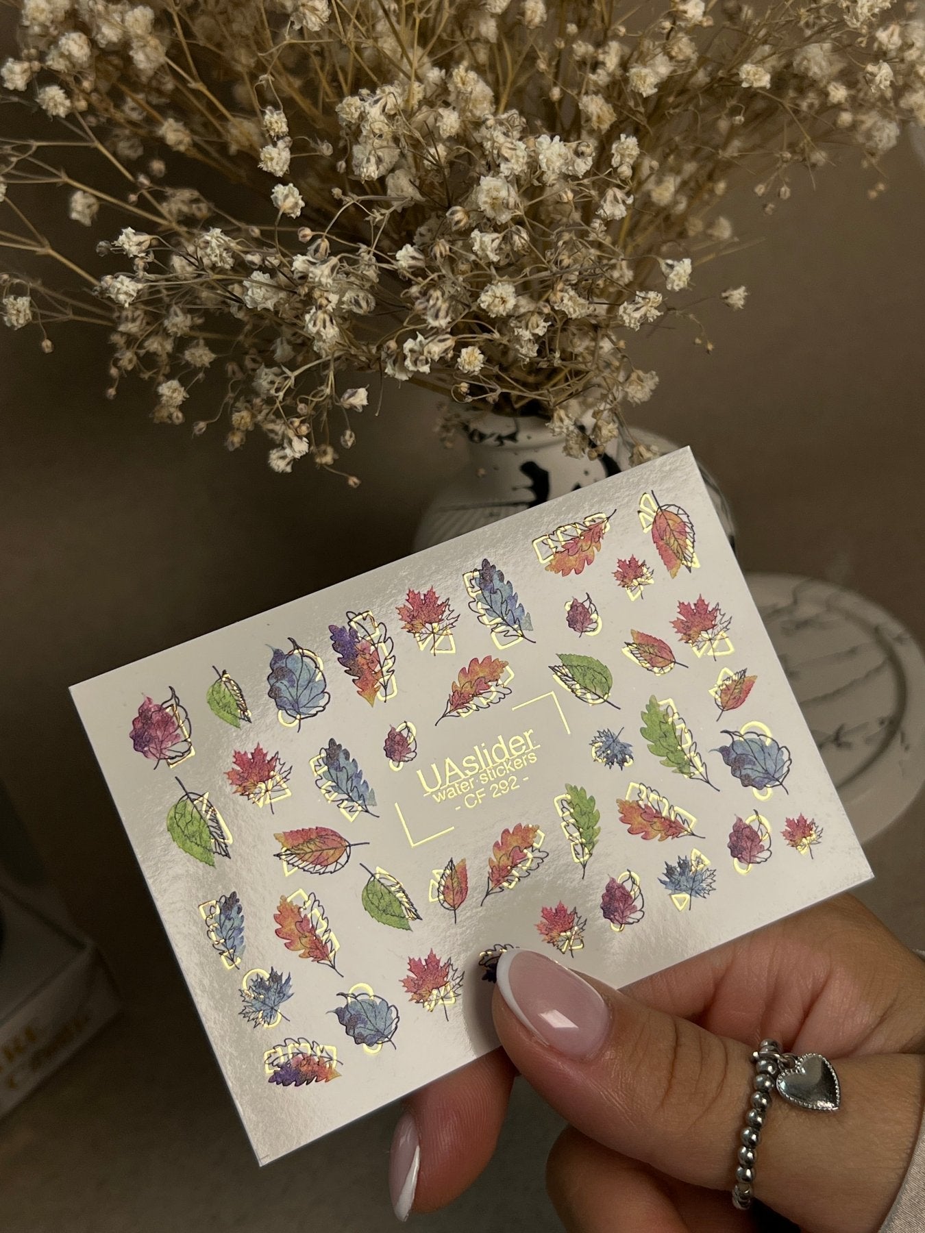 Nail Water Decal CF-292 | Rainbow Autumn Water Slide Nail Decals | Colorful Fall Leaves & Geometric Accents - UASLIDER