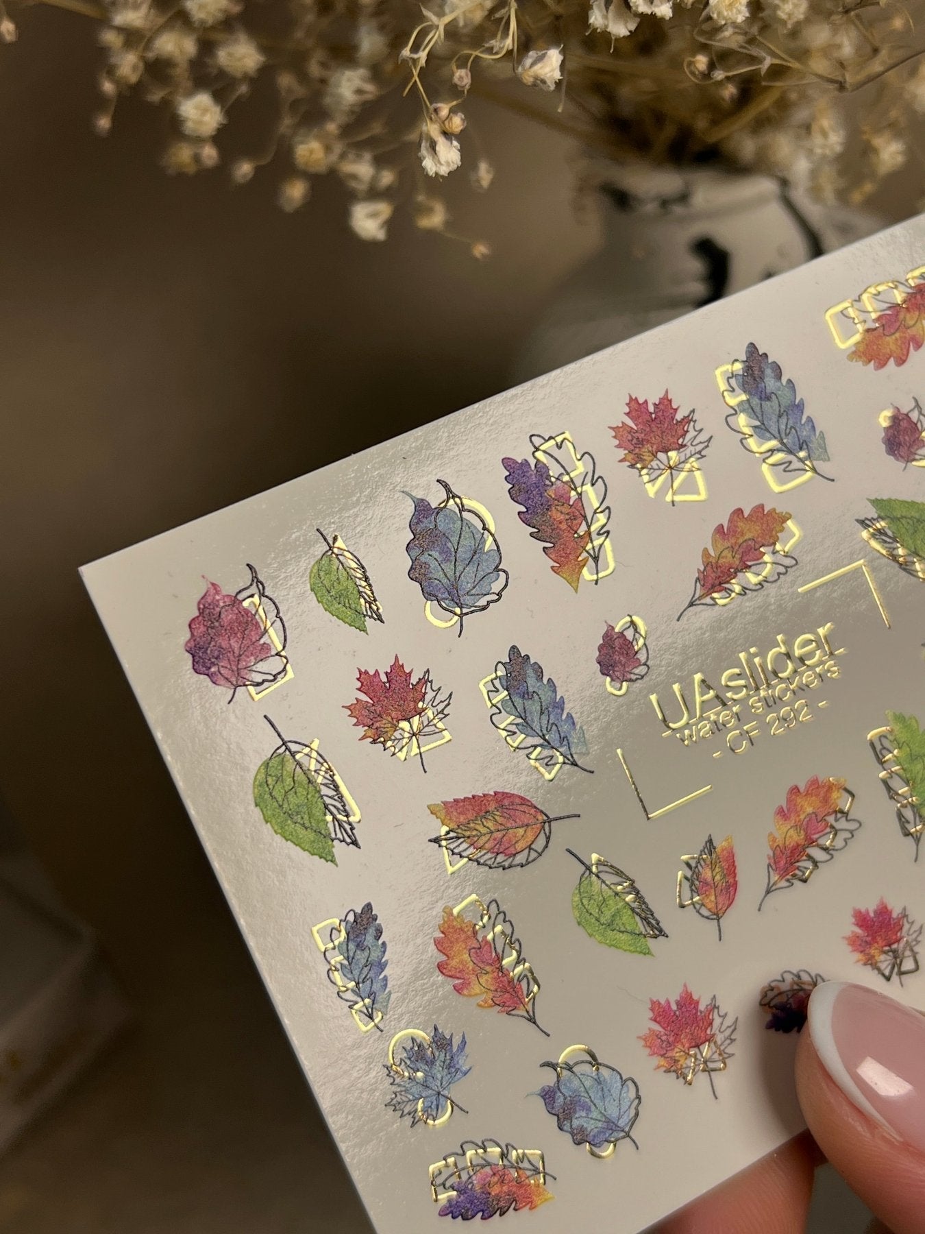 Nail Water Decal CF-292 | Rainbow Autumn Water Slide Nail Decals | Colorful Fall Leaves & Geometric Accents - UASLIDER
