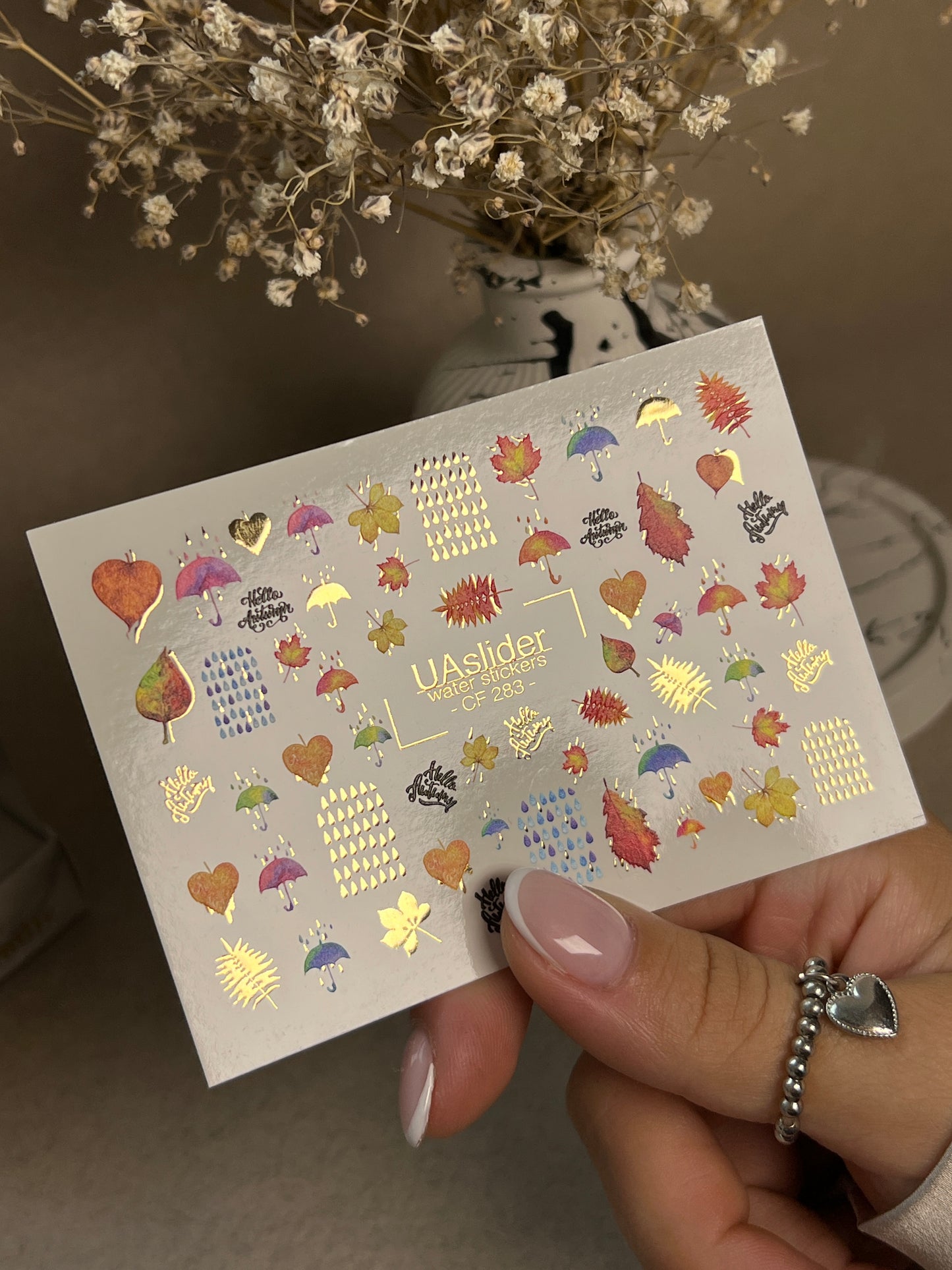 Nail Water Decal CF-283 | Autumn Rain Water Slide Nail Decals | Umbrellas, Leaves & Raindrops