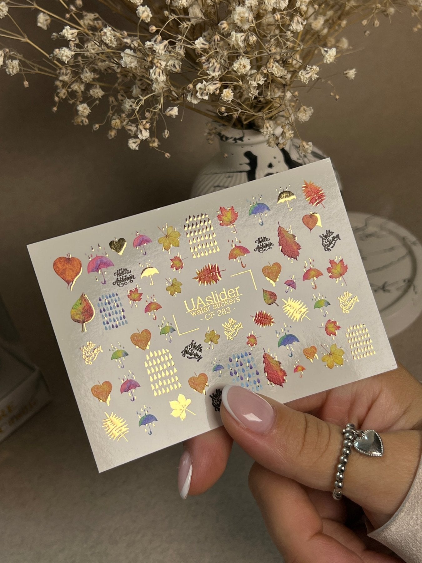 Nail Water Decal CF-283 | Autumn Rain Water Slide Nail Decals | Umbrellas, Leaves & Raindrops - UASLIDER