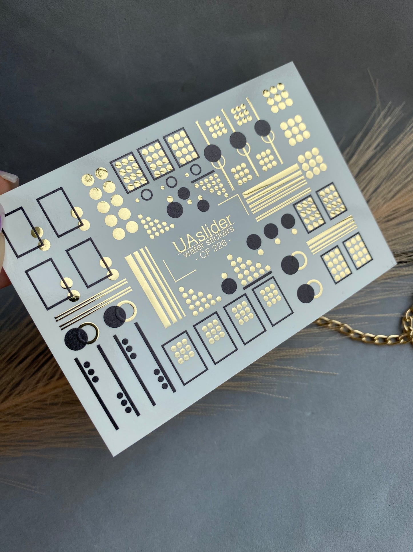 Nail Water Decal CF-226 | Geometric Water Slide Nail Decals | Black & Gold Minimalist Design