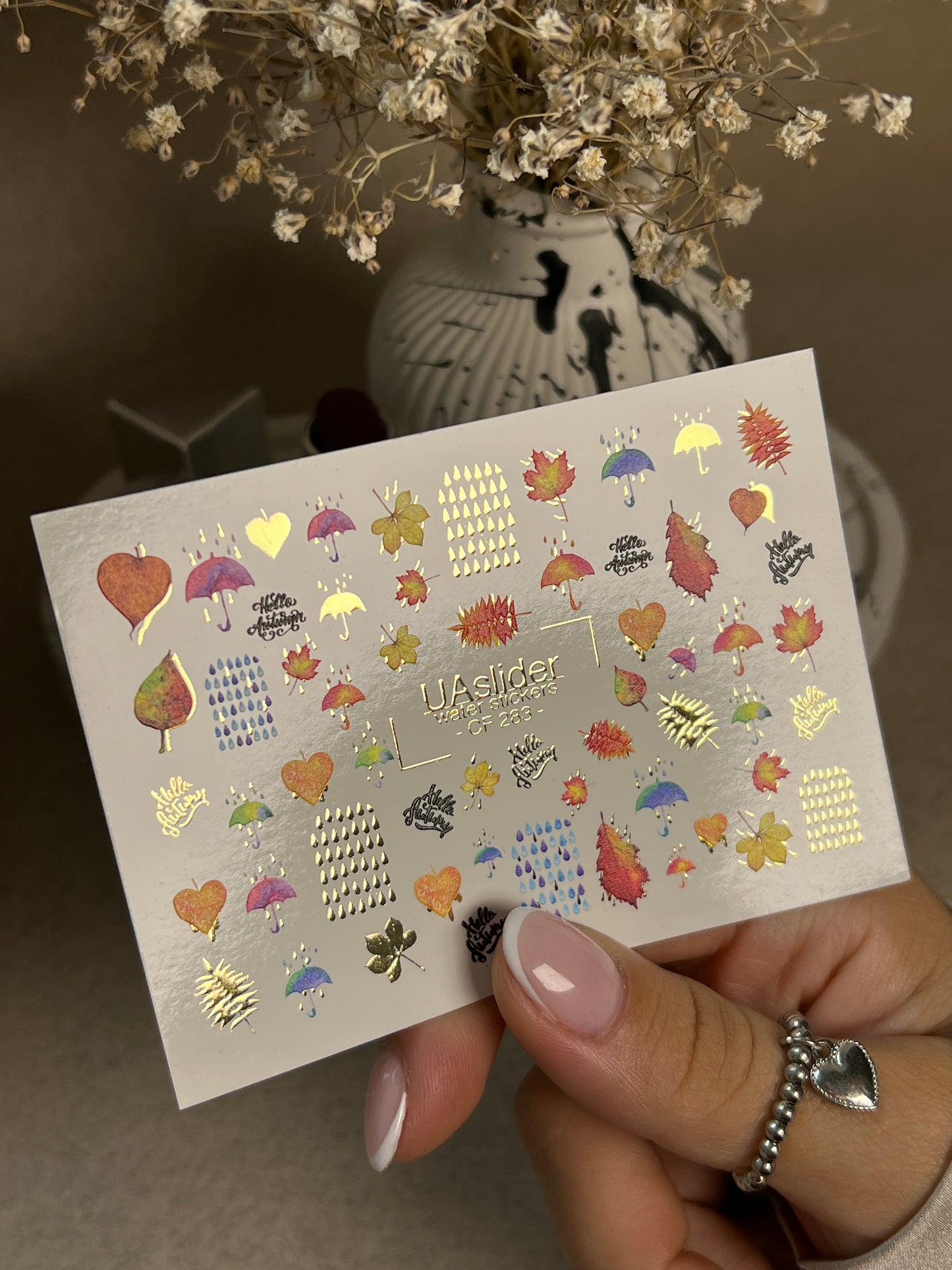 Nail Water Decal CF-283 | Autumn Rain Water Slide Nail Decals | Umbrellas, Leaves & Raindrops