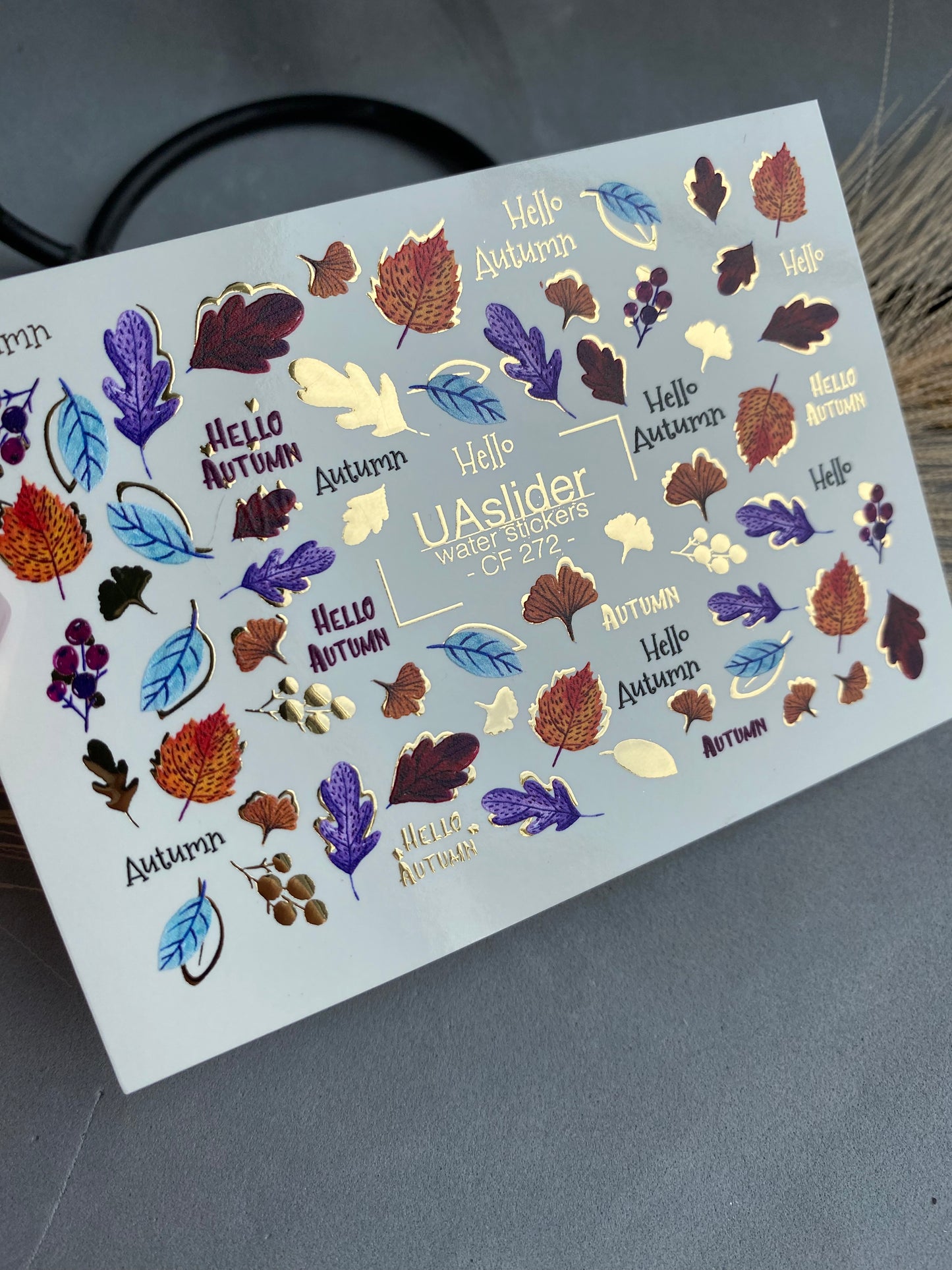 Nail Water Decal CF-272 | Autumn Water Slide Nail Decals | Colorful Fall Leaves & Hello Autumn Quotes